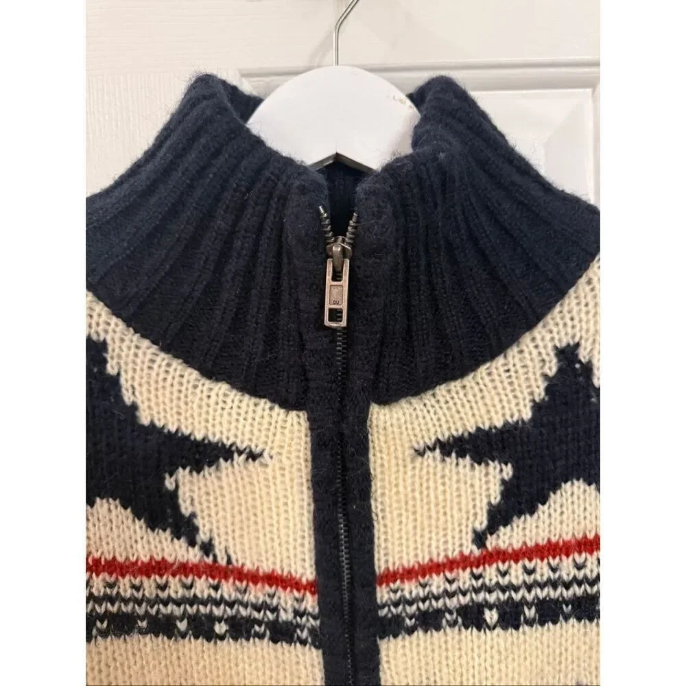Vintage Design United Fleece Lined Navy & Cream Star Zip Up Cardigan Sweater sz